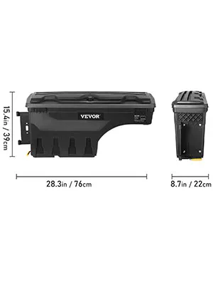 black VEVOR truck bed storage box with dimensions: 28.3in x 8.7in x 15.4in.