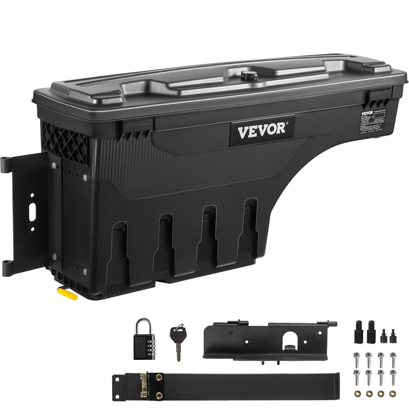 VEVOR truck bed storage box with mounting hardware, combination lock, and key. durable black design.