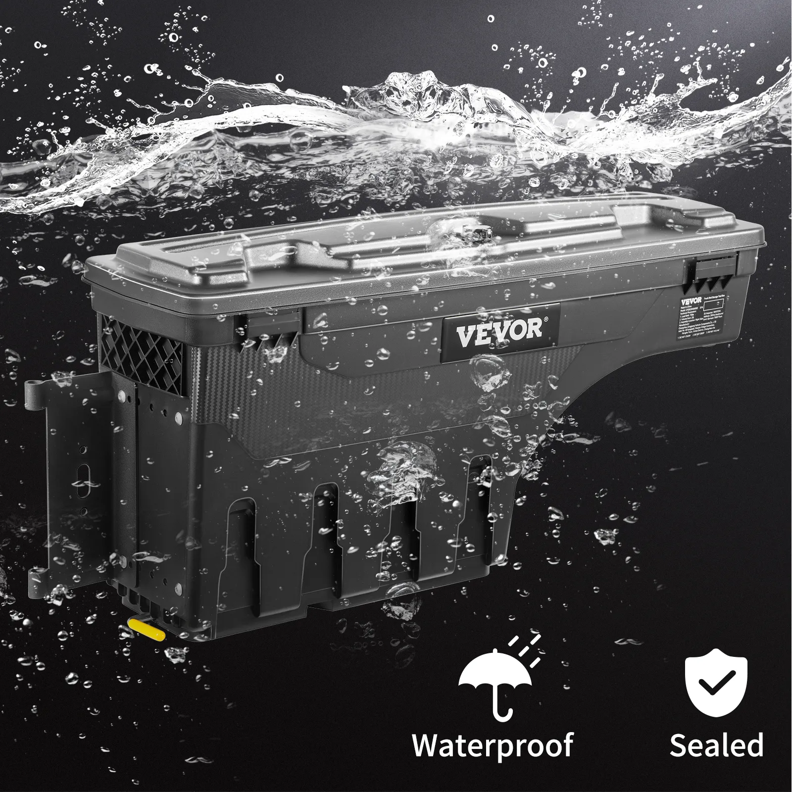 VEVOR truck bed storage box waterproof design with water droplets against a dark background.