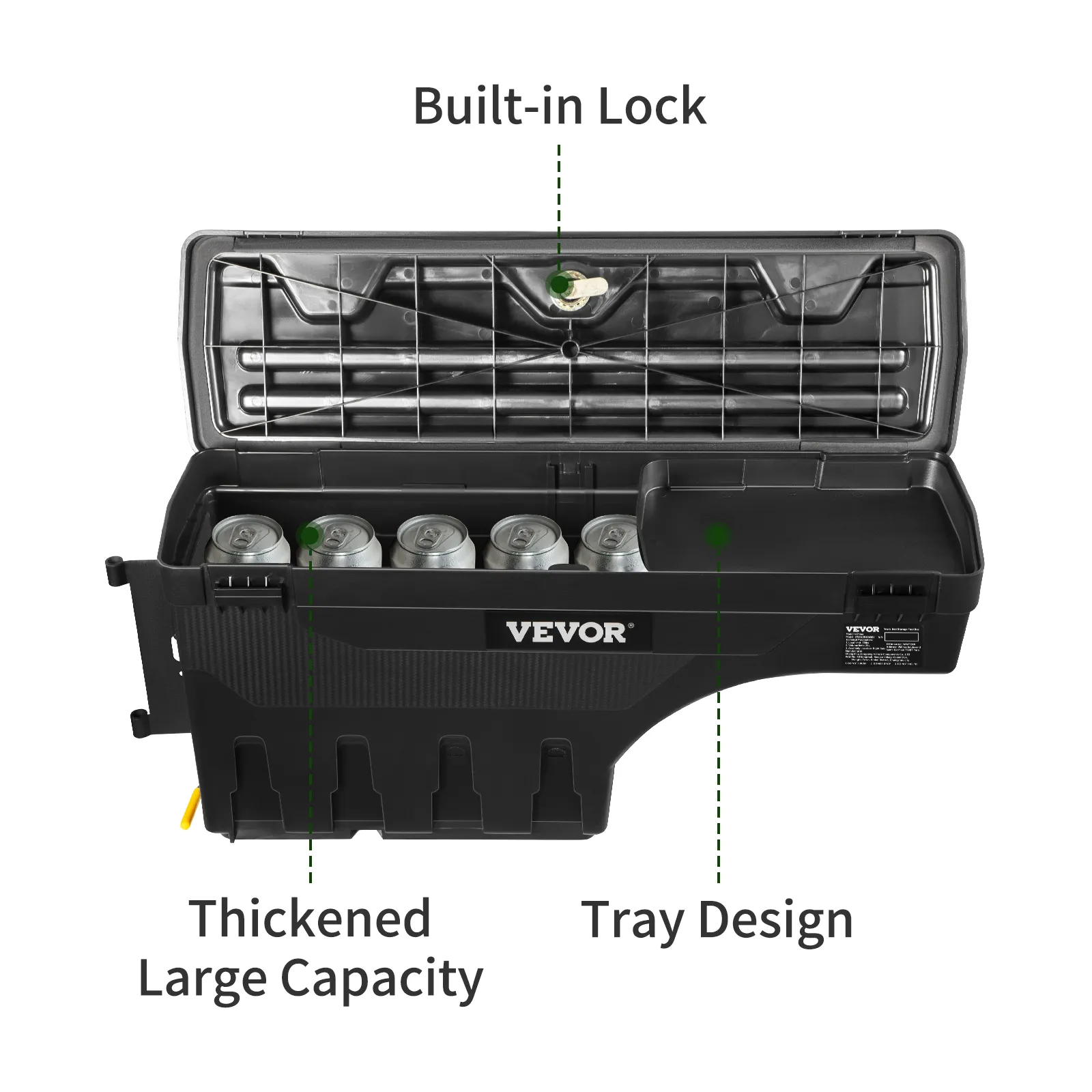 VEVOR truck bed storage box with built-in lock, large capacity, and tray design holding cans.