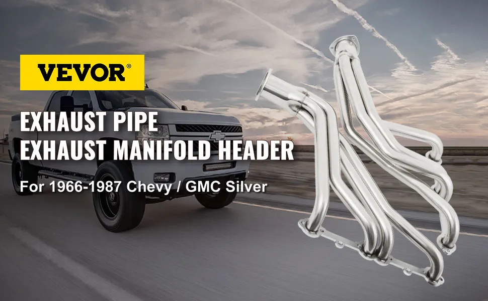 Colector de escape VEVOR para Chevy/GMC 1966-1987, colector de escape plateado mostrado con camioneta.