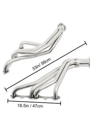 Colector de escape VEVOR con tubos de acero inoxidable con dimensiones de 33 pulgadas/86 cm y 18,5 pulgadas/47 cm.