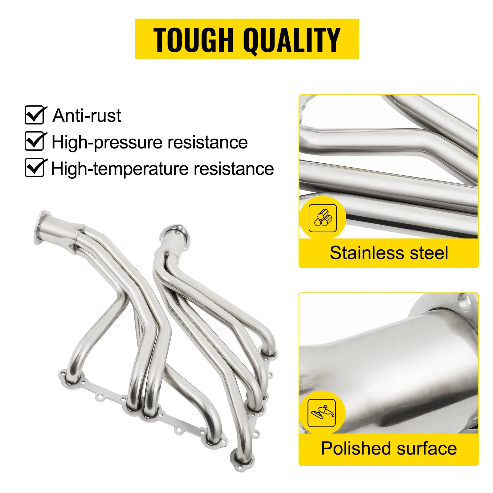 Colector de escape VEVOR en acero inoxidable con superficie pulida y resistencia a altas temperaturas.