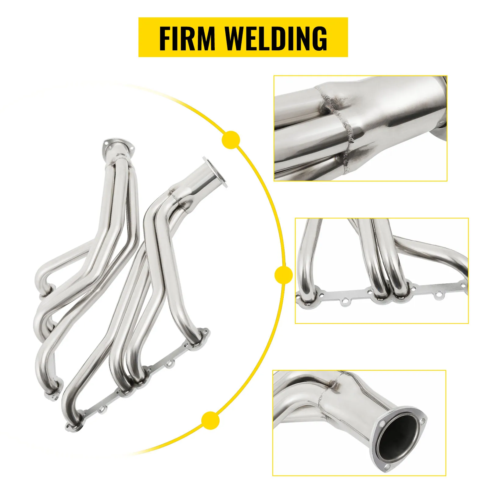 Colector de escape VEVOR con soldadura firme, vistas en primer plano de tubos de metal pulido.