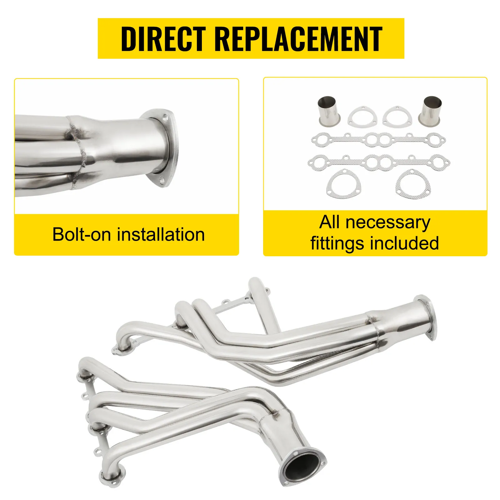 Colector de escape VEVOR con instalación atornillada y todos los accesorios necesarios incluidos.