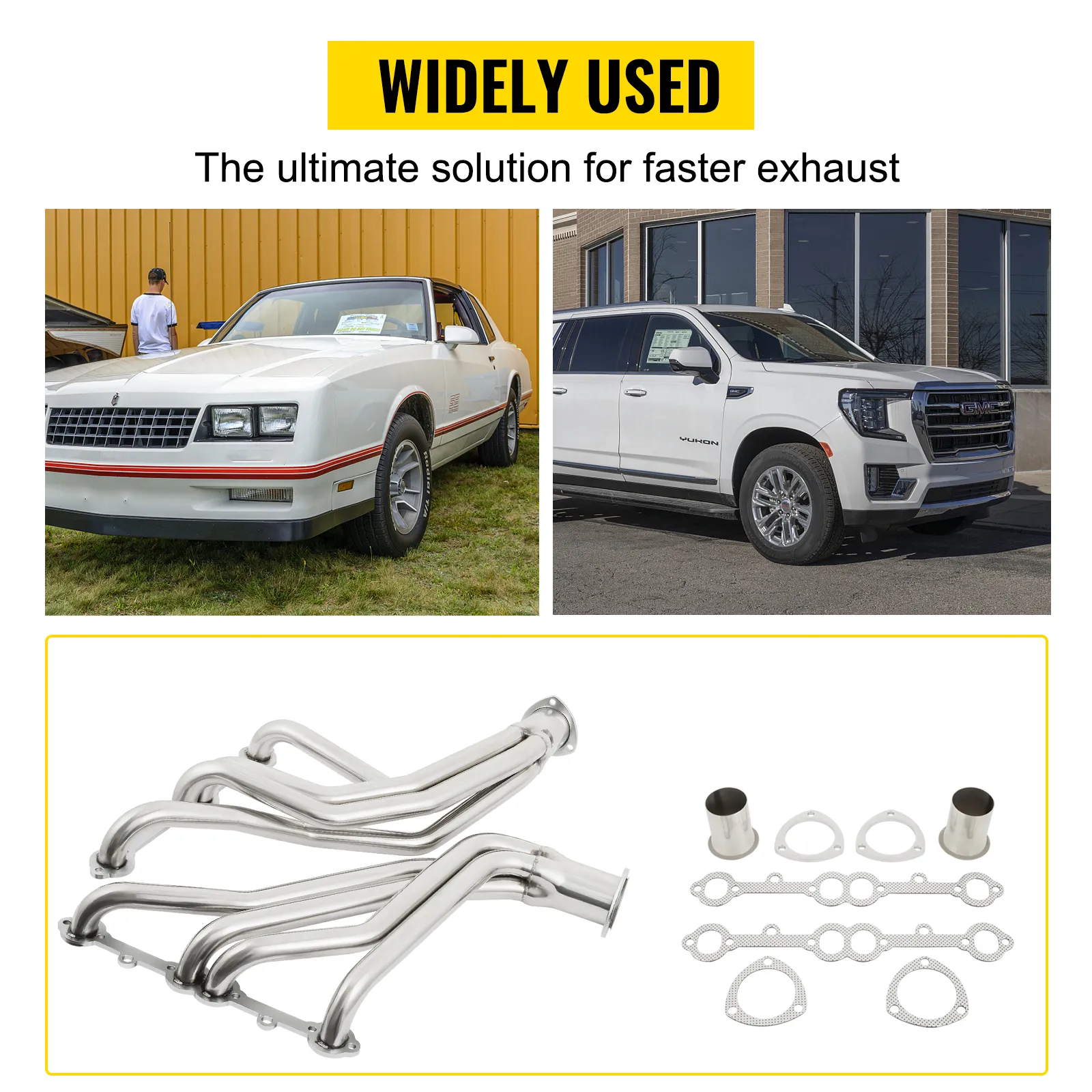 Colector de escape VEVOR con dos coches al fondo y herrajes incluidos. Ampliamente utilizado.