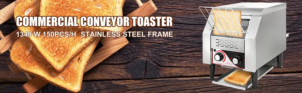 VEVOR commercial conveyor toaster with stainless steel frame toasting bread slices.