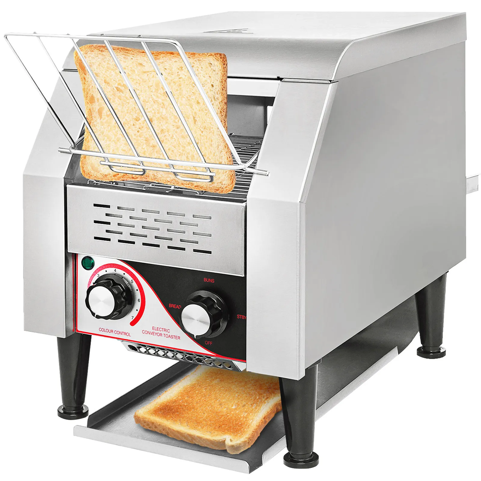 VEVOR commercial conveyor toaster with slices of bread toasting.