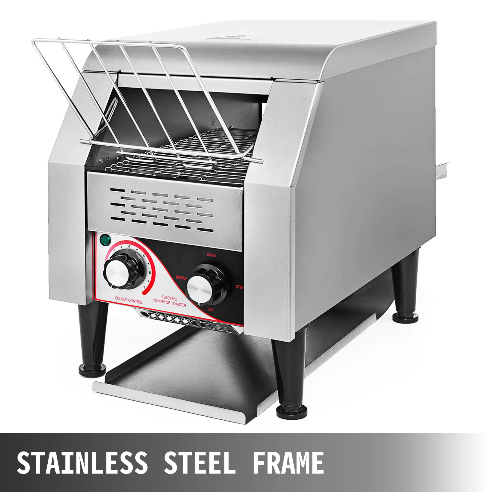VEVOR commercial conveyor toaster in stainless steel with adjustable controls.