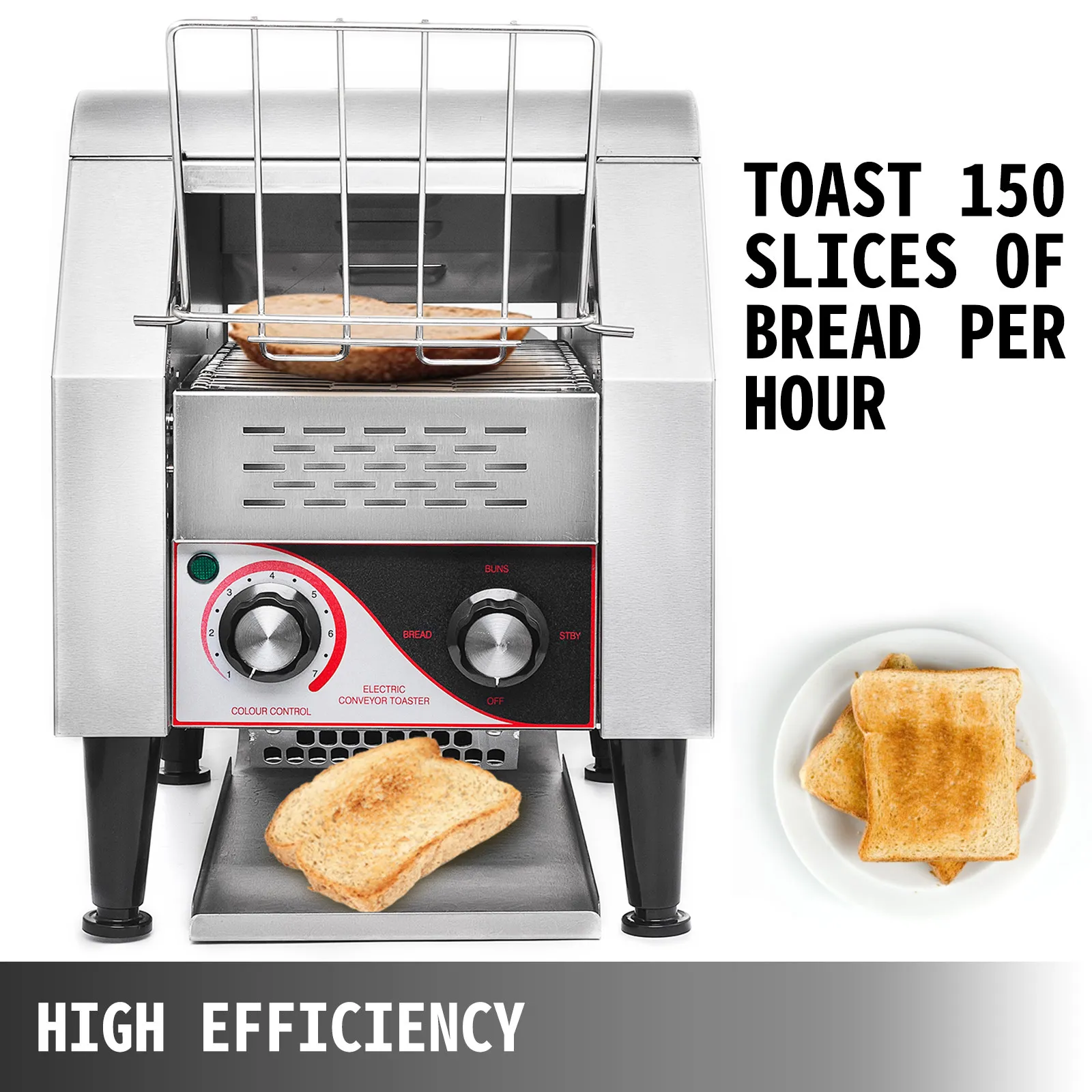VEVOR commercial conveyor toaster; toast 150 slices per hour, high efficiency.