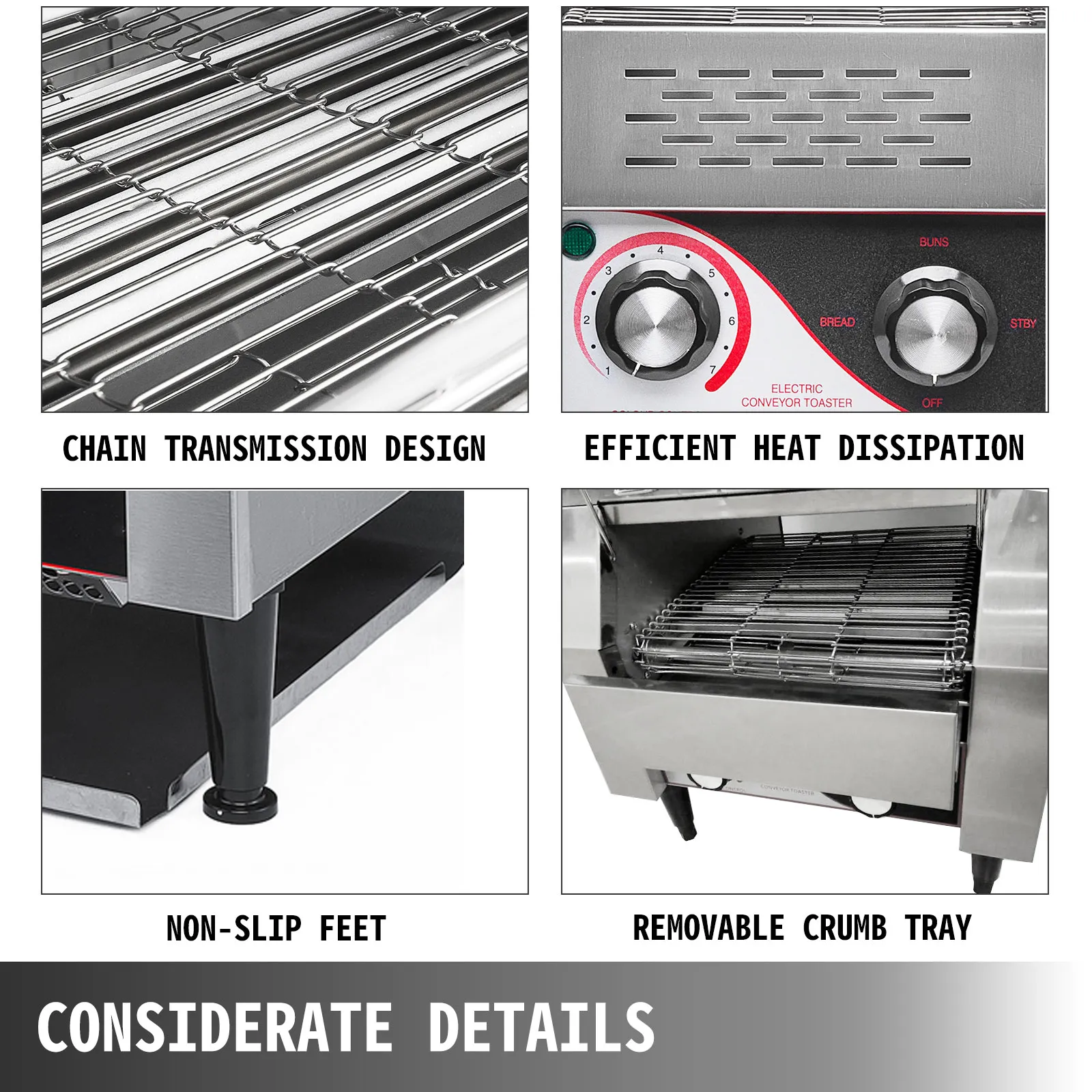 VEVOR commercial conveyor toaster with chain transmission design and removable crumb tray.