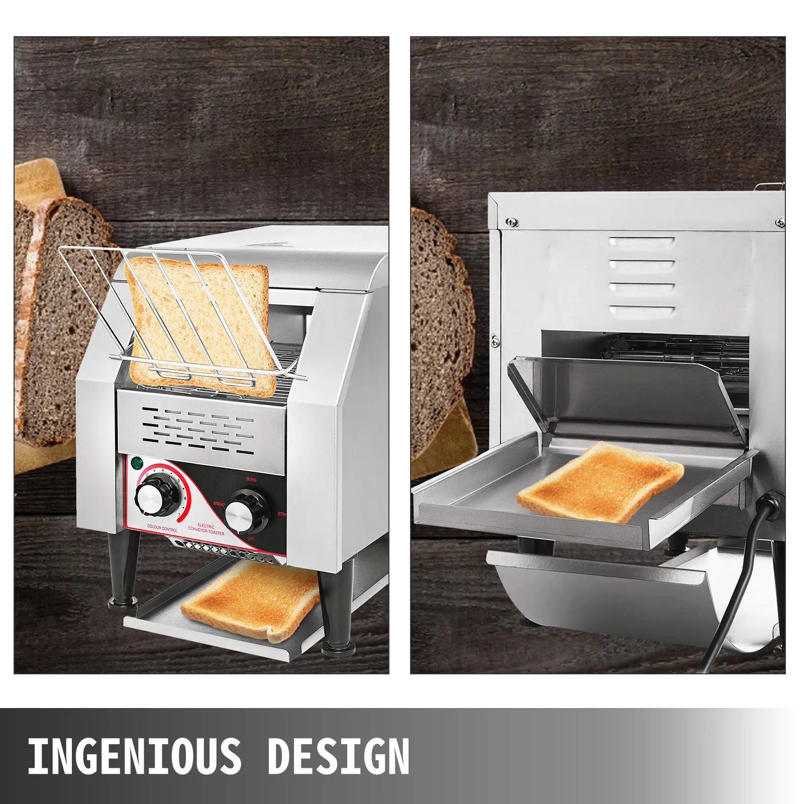 VEVOR commercial conveyor toaster with toasted bread slices, featuring dual slots.