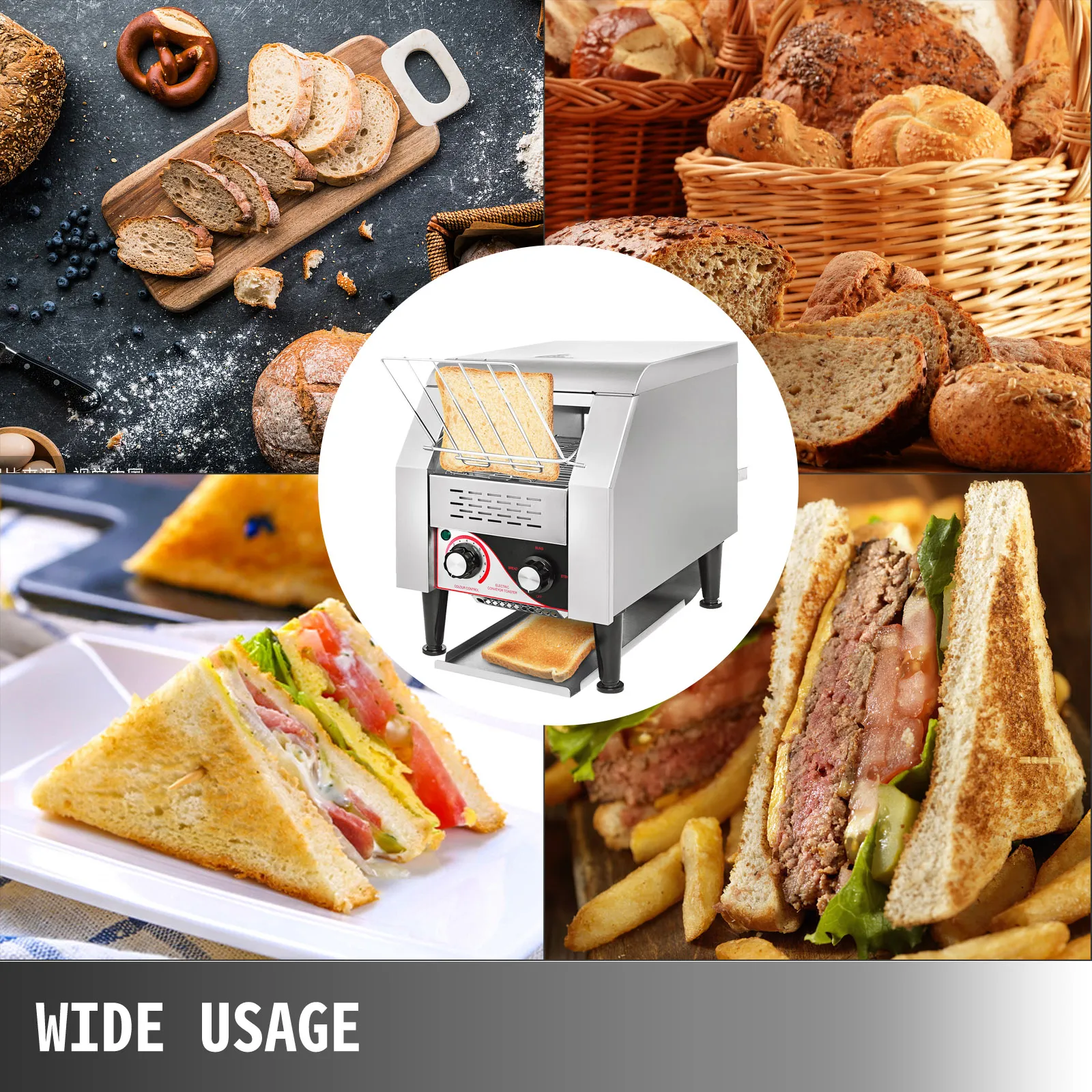 VEVOR commercial conveyor toaster with various breads, sandwiches, and baked goods.