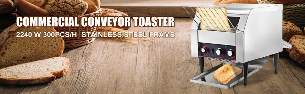 Tostadora transportadora comercial VEVOR con estructura de acero inoxidable y pan fresco.