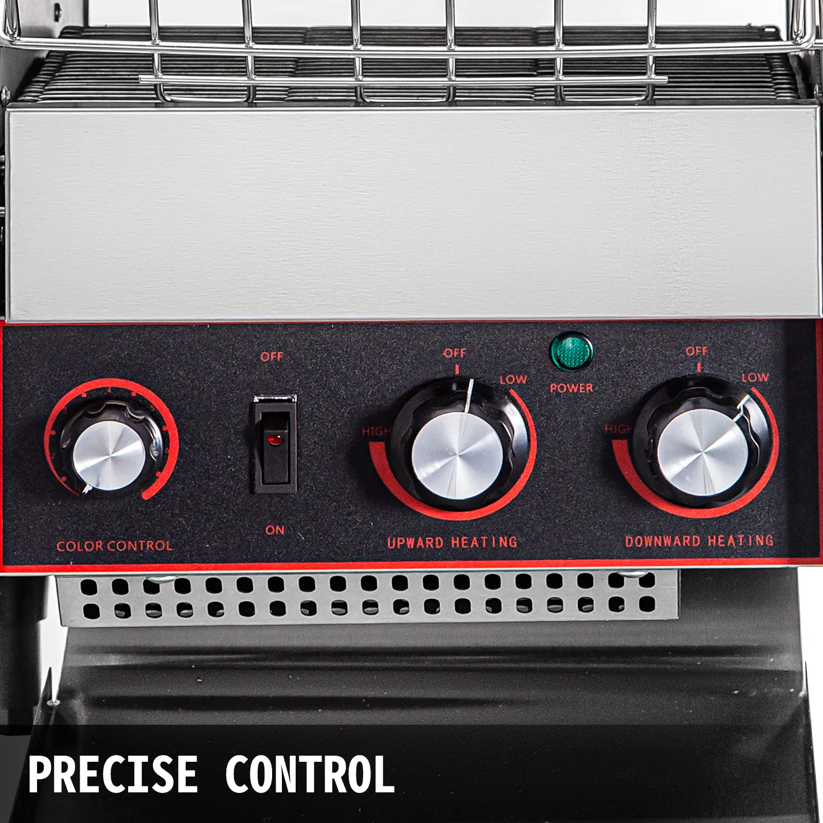 Panel de control de tostadora transportadora comercial VEVOR con configuraciones de calor y color.