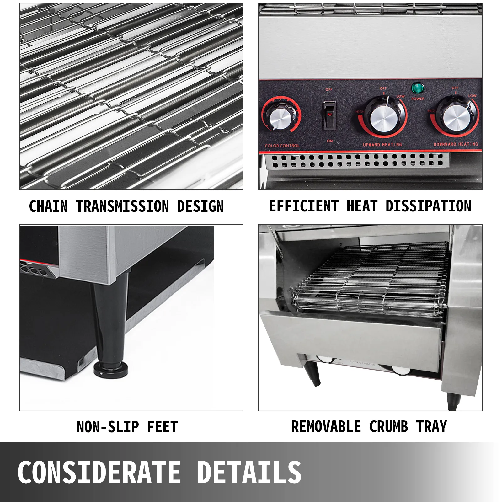 Tostadora comercial con cinta transportadora VEVOR con transmisión por cadena, disipación de calor, patas antideslizantes y bandeja recogemigas extraíble.
