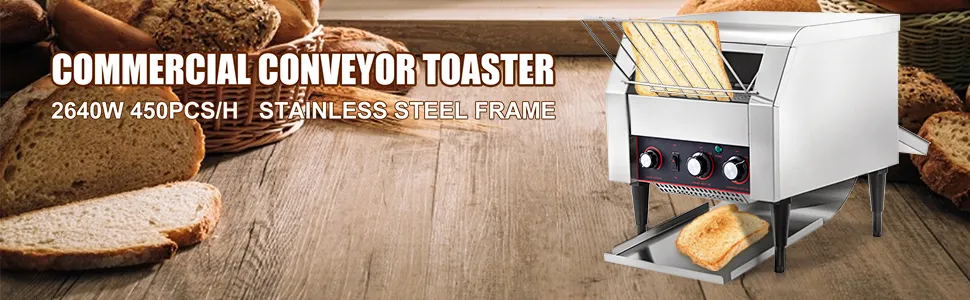 Tostadora de cinta transportadora comercial VEVOR con estructura de acero inoxidable, para tostar rebanadas de pan.