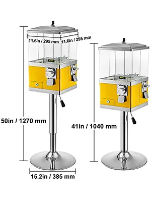 Dos máquinas de chicles VEVOR de color amarillo con dimensiones y soportes de metal resistentes.