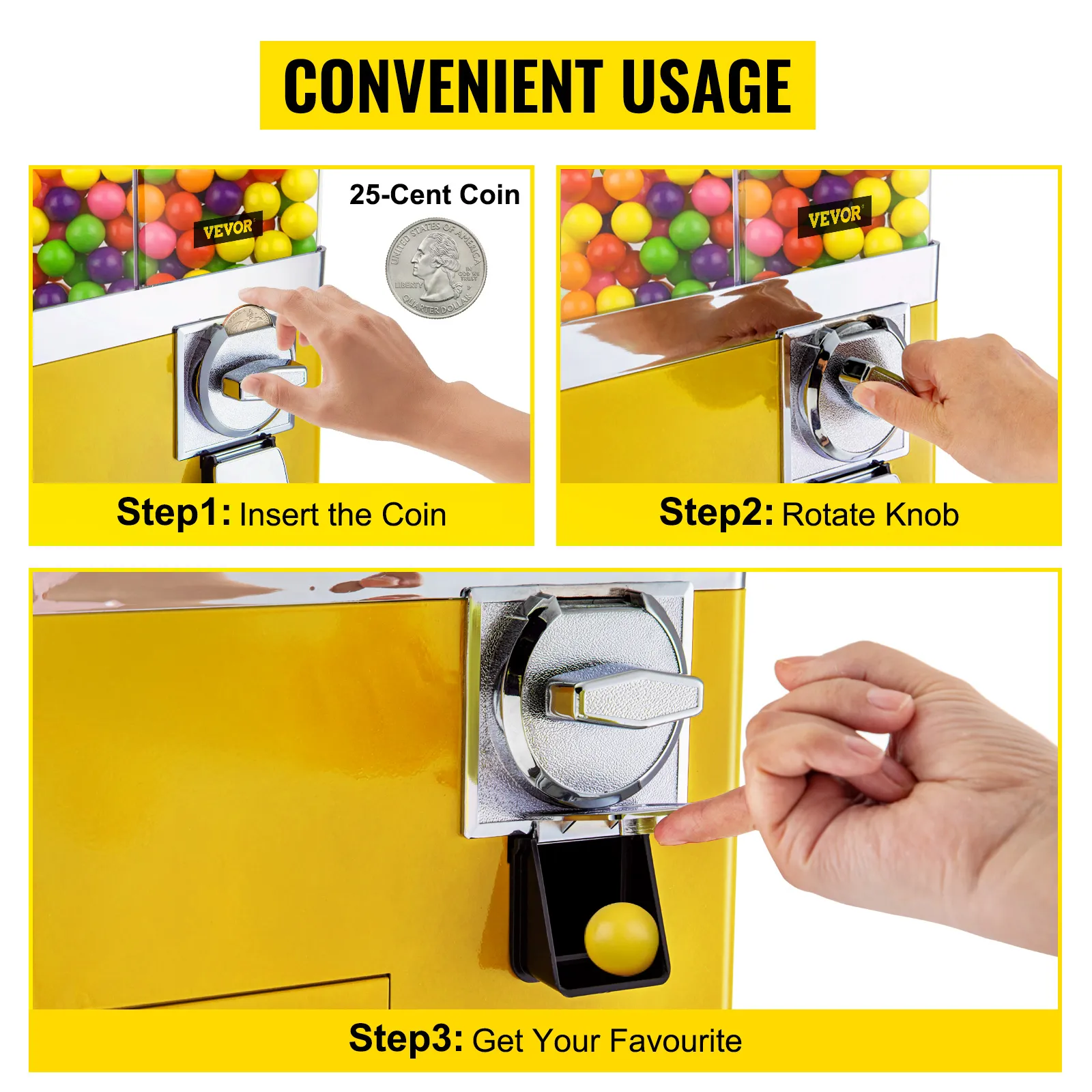Pasos de la máquina de chicles VEVOR: inserte la moneda, gire la perilla y obtenga su favorita.