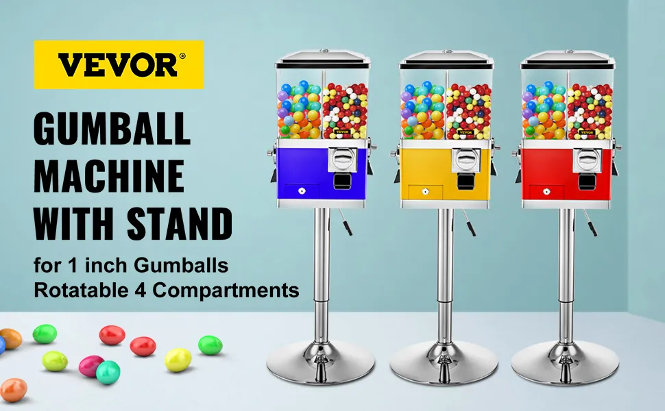 Máquina expendedora VEVOR con soporte, en azul, amarillo y rojo, para chicles de 1 pulgada.