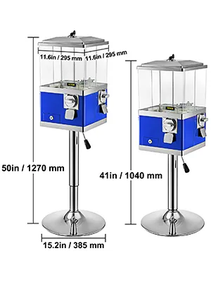 Máquina expendedora VEVOR azul en dos tamaños con dimensiones de alto y ancho.