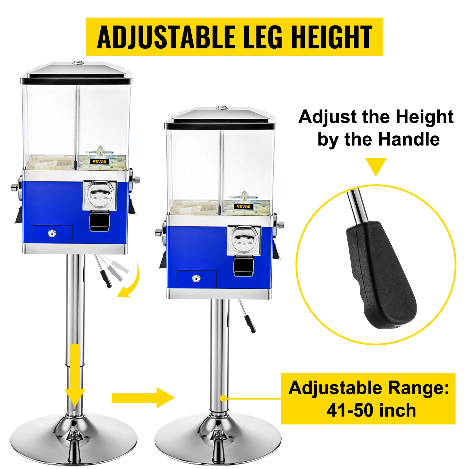 Máquina expendedora VEVOR con altura de pata ajustable, rango: 41-50 pulgadas, mango negro.