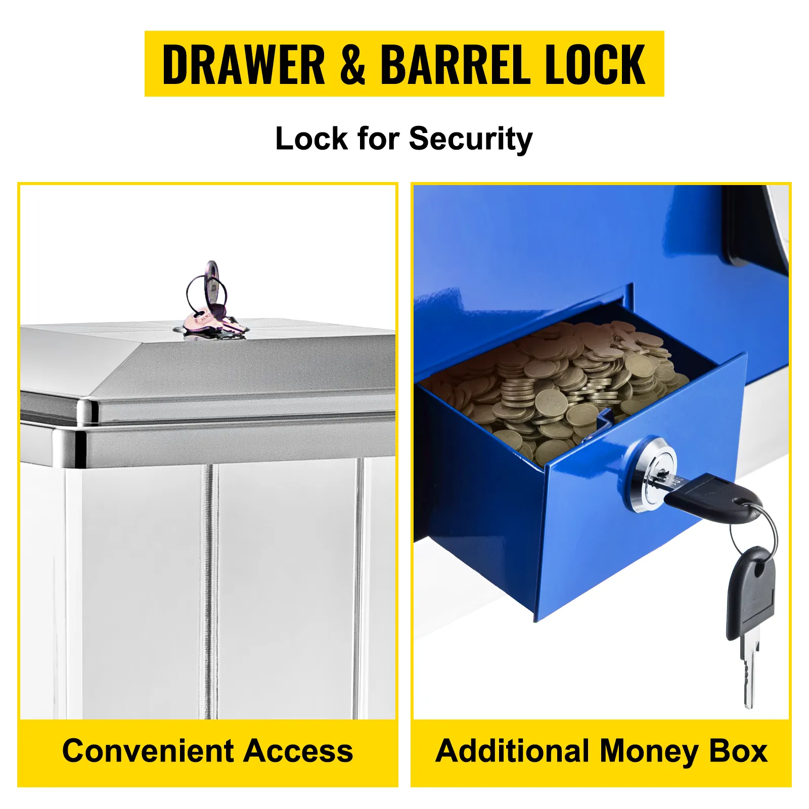 Máquina expendedora VEVOR con cerradura de cajón y barril, que muestra un cómodo acceso y una hucha.