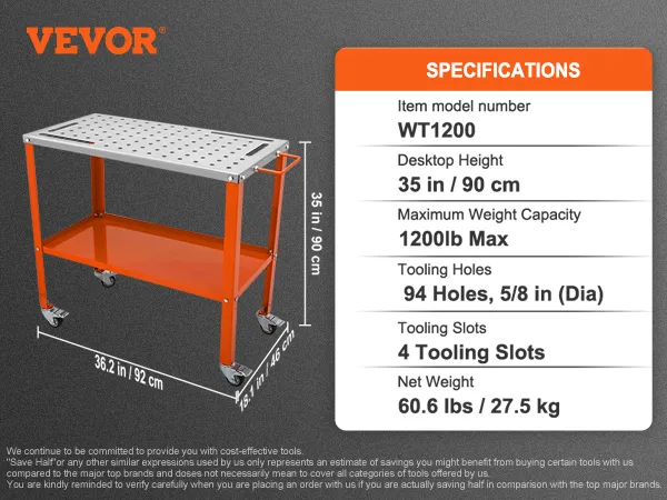 VEVOR welding table wt1200, 35in height, 94 tooling holes, 4 slots, 1200lb capacity, 60.6lbs weight.
