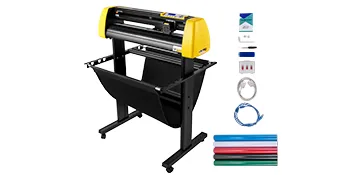 VEVOR vinylsnijmachine met standaard, geleverd met accessoires en vinylrollen.