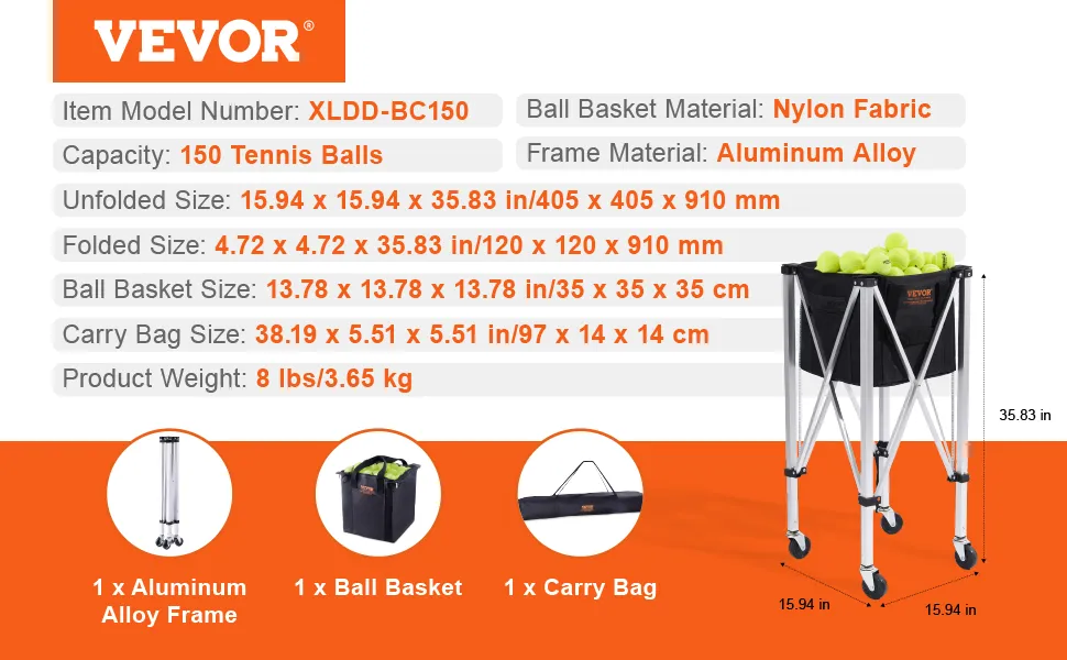 VEVOR-Tennisballbehälter für 150 Tennisbälle, mit Rahmen aus Aluminiumlegierung und Korb aus Nylongewebe.