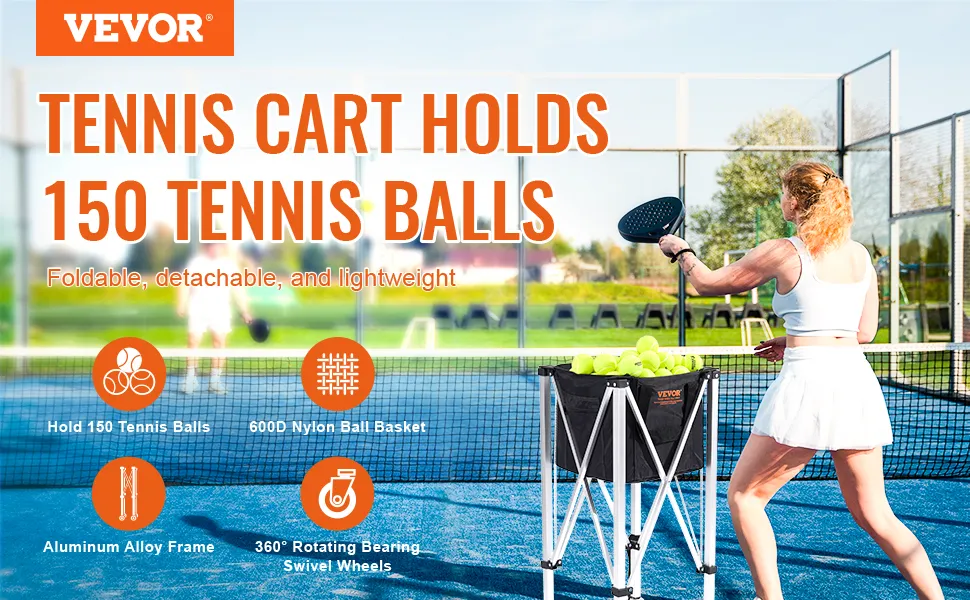 VEVOR-Tennisballbehälter mit Fassungsvermögen von 150 Bällen, faltbarem Design und Aluminiumrahmen für den Tennisplatz.