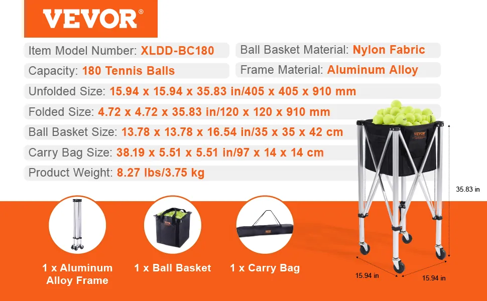 VEVOR-Tennisballbehälter mit Rahmen aus Aluminiumlegierung, fasst 180 Bälle, inklusive Tasche und Korb aus Nylongewebe.