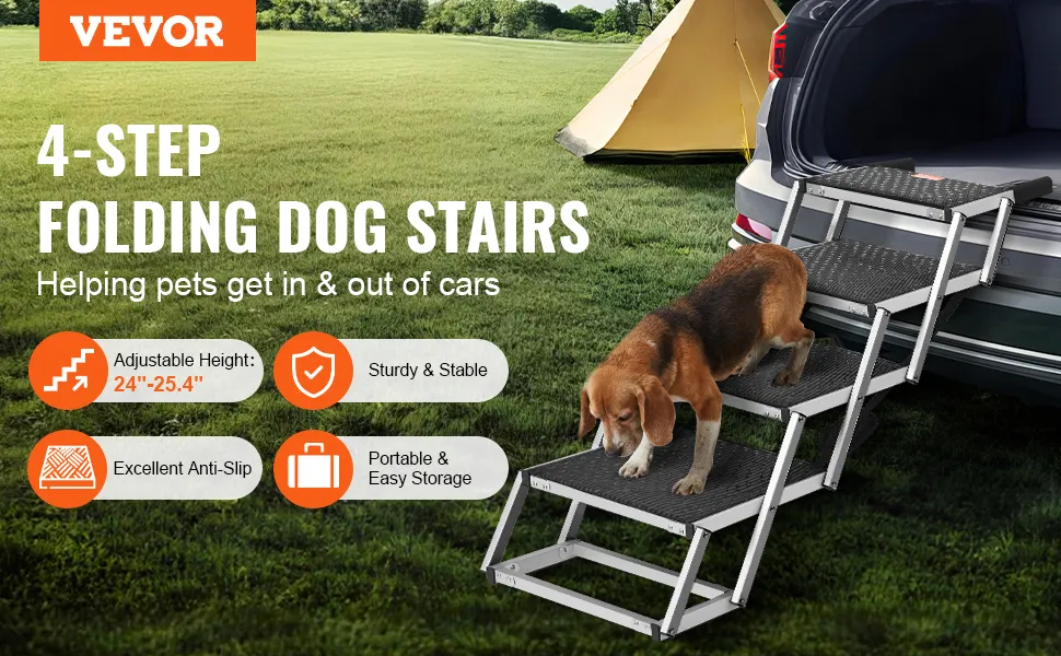 VEVOR dog steps: 4-step folding dog stairs for easy pet access to cars, with adjustable height and anti-slip features.