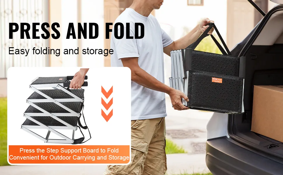 person folding and carrying VEVOR dog steps into a car trunk, demonstrating easy folding and storage.