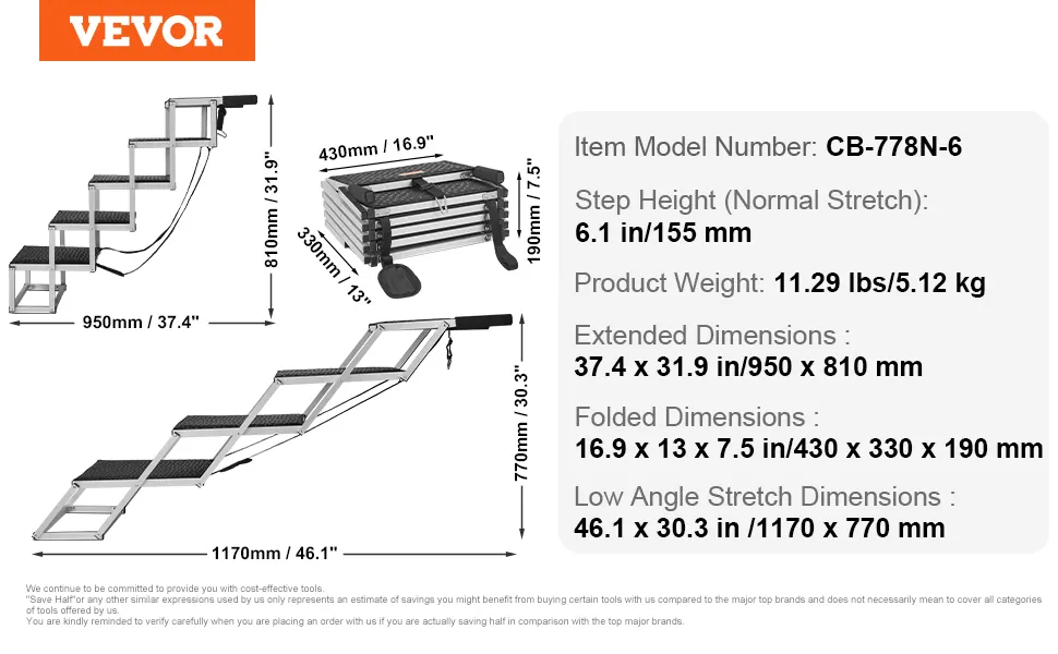 VEVOR dog stairs, model cb-778n-6, dimensions and weight shown, with extended, folded, and low angle measurements.