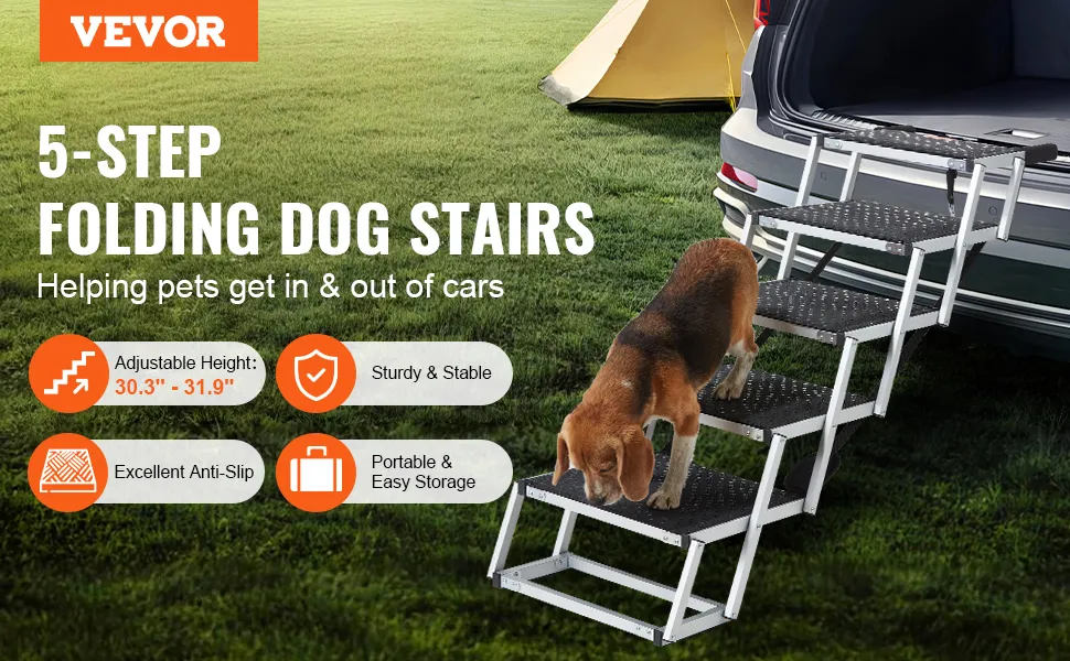 VEVOR dog stairs: 5-step folding stairs, anti-slip, adjustable height, sturdy, portable for car access.