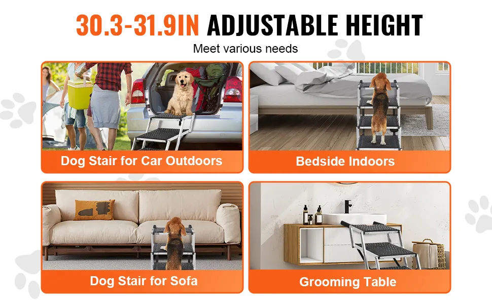 VEVOR dog stairs with adjustable height for car outdoors, bedside, sofa, and grooming table use.