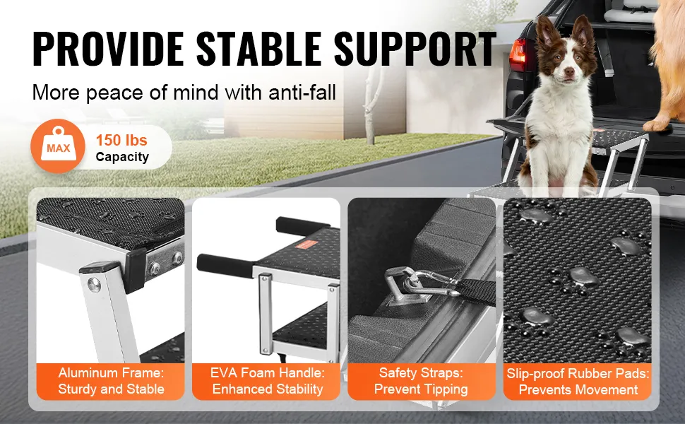 VEVOR dog stairs: aluminum frame, eva foam handle, safety straps, slip-proof rubber pads, 150 lbs capacity.