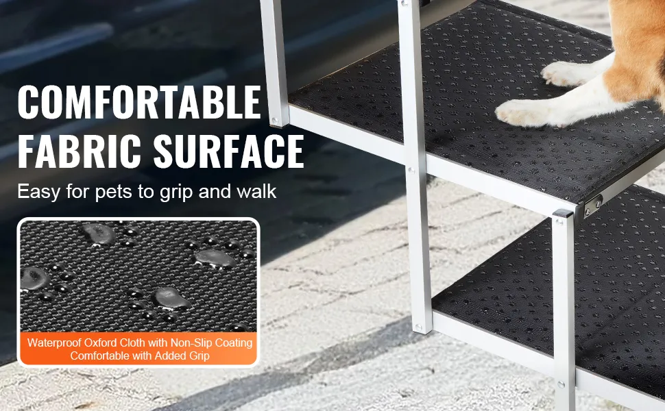 VEVOR dog stairs with comfortable fabric surface, non-slip waterproof oxford cloth, easy grip for pets.