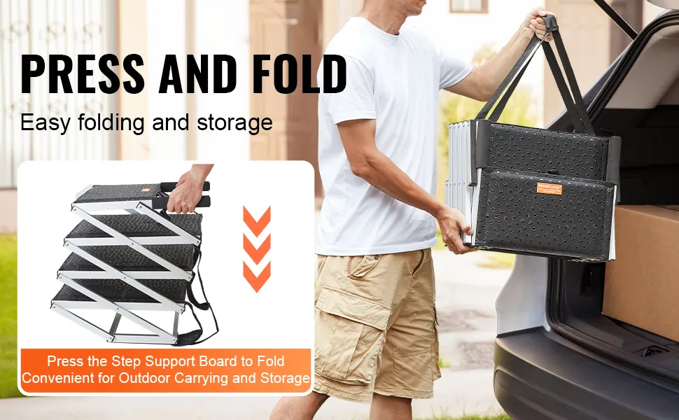 VEVOR dog stairs being folded by person near trunk, showcasing easy portability and storage.
