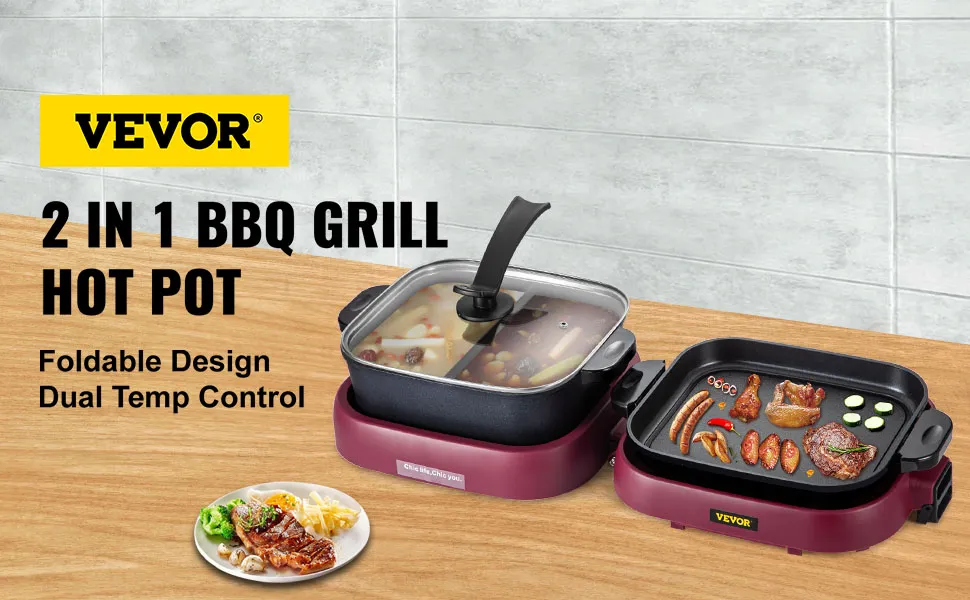 VEVOR electric bbq grill with hot pot, foldable design, dual temperature control.
