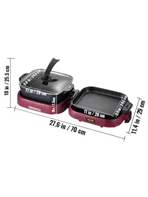 VEVOR electric bbq grill with dimensions for dual cooking surfaces.