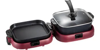 red VEVOR electric bbq grill with griddle and deep pan attachments and black handles.