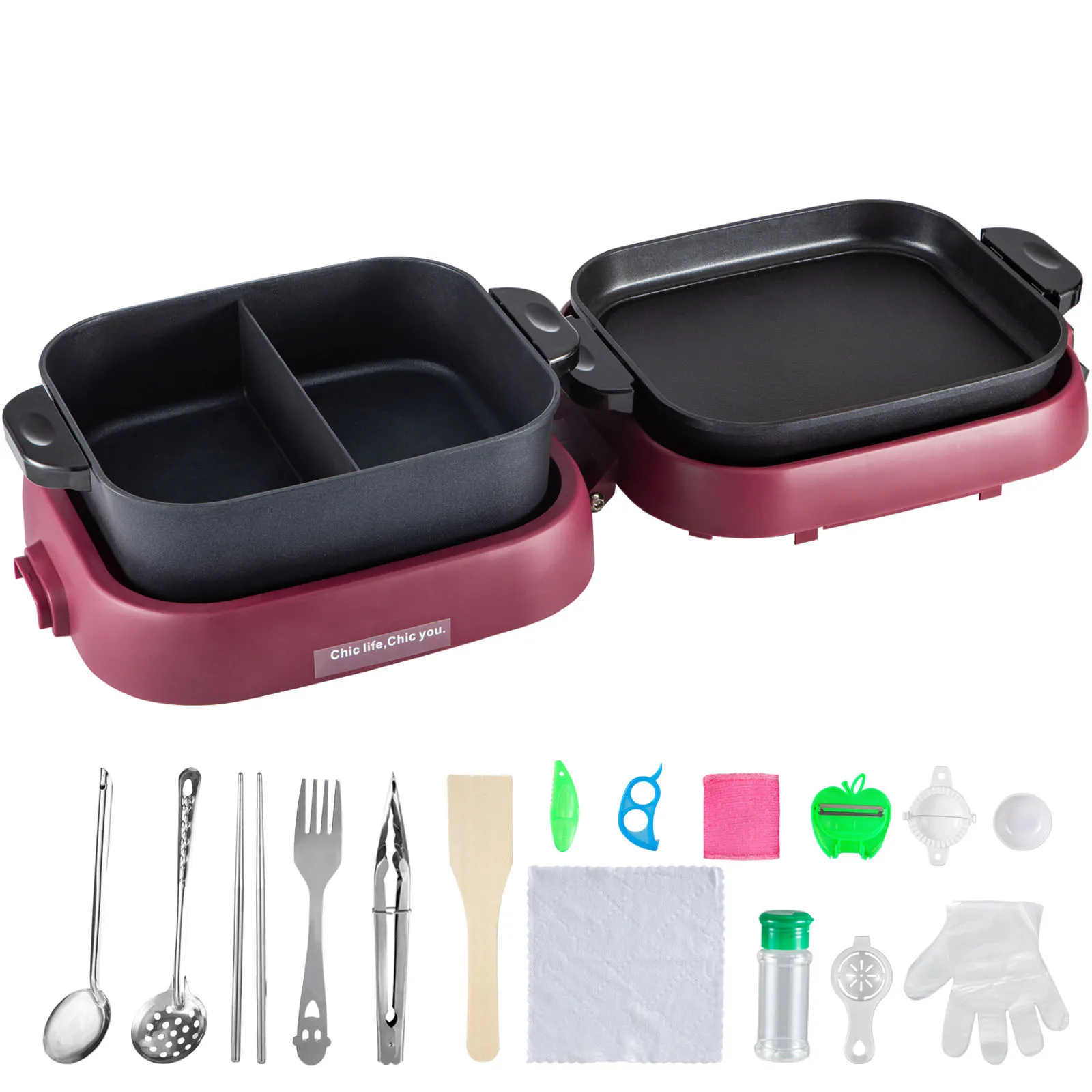 VEVOR electric bbq grill with two compartments and various cooking accessories.