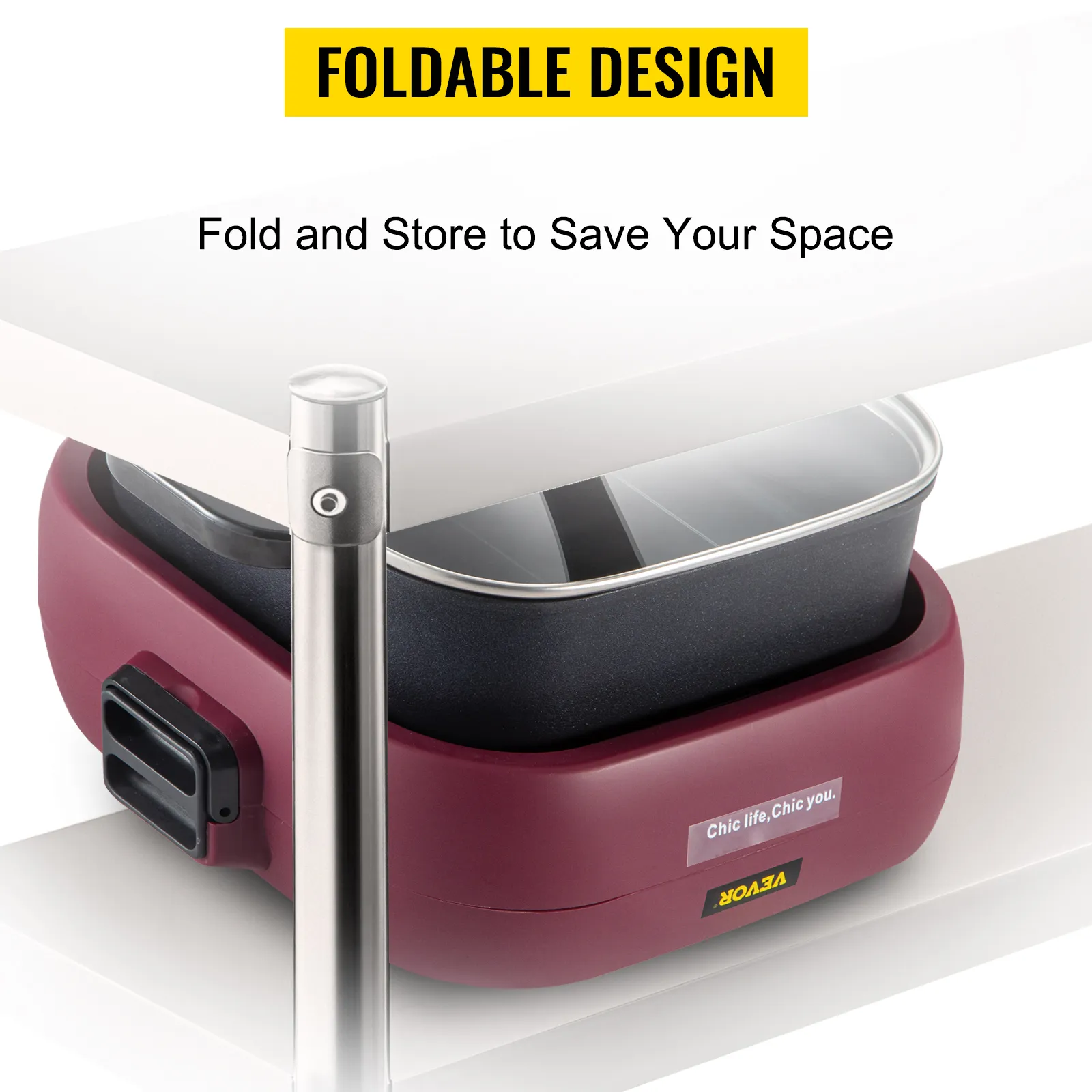 VEVOR electric bbq grill with foldable design for easy storage on shelf.