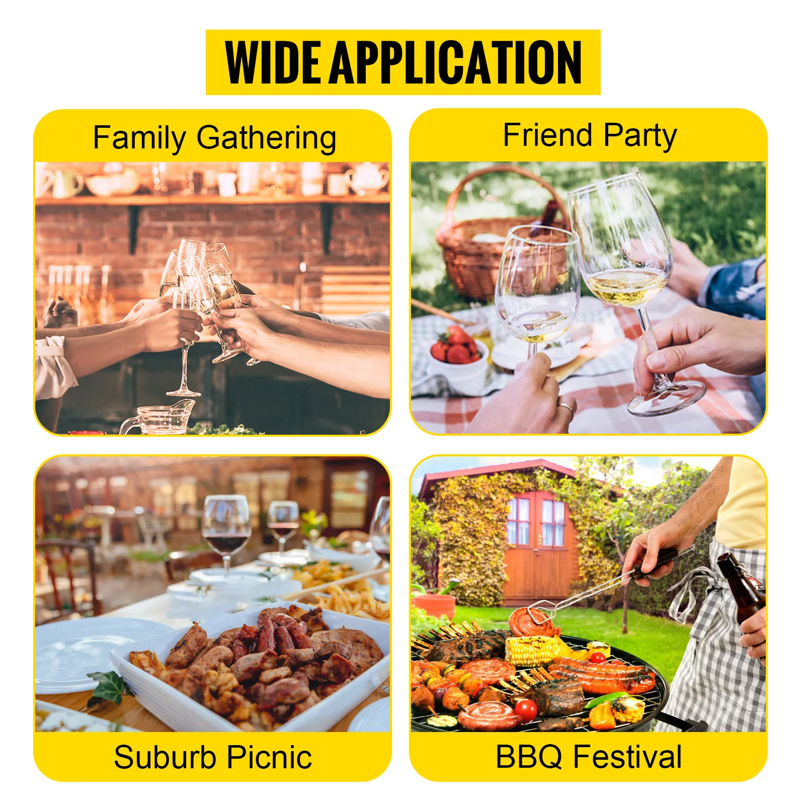 wide application of VEVOR electric bbq grill: family gatherings, friend parties, suburb picnics, bbq festivals.