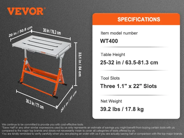 VEVOR welding table wt400 with dimensions, accessories, tool slots, weight, and height specifications.