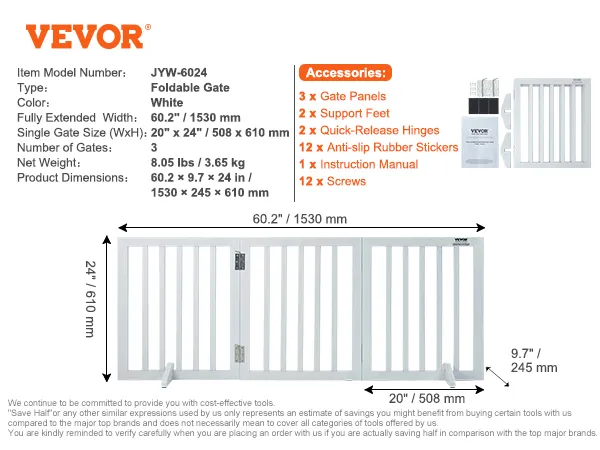 VEVOR free standing dog gate, foldable white, jyw-6024 dimensions, and accessories details.