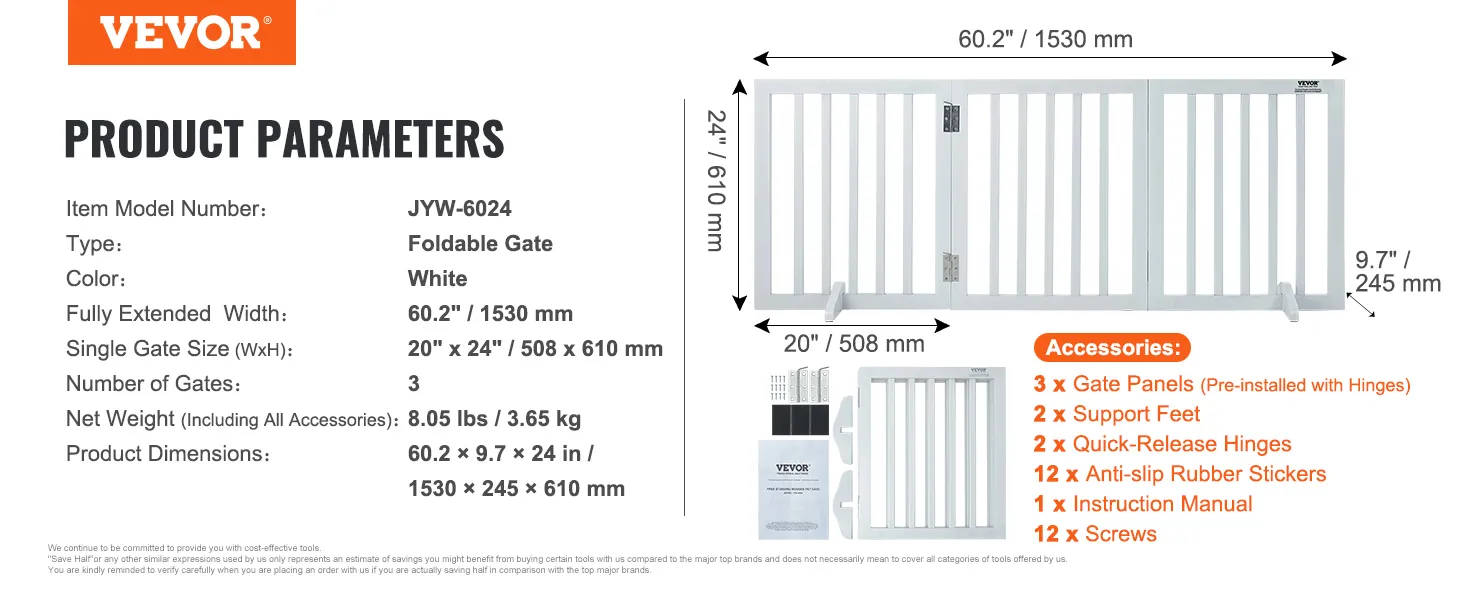 VEVOR free standing dog gate, foldable white, jyw-6024 dimensions, and accessories details.