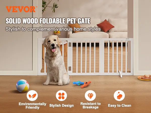 VEVOR free standing dog gate - solid wood, foldable, eco-friendly, stylish design, easy to clean.